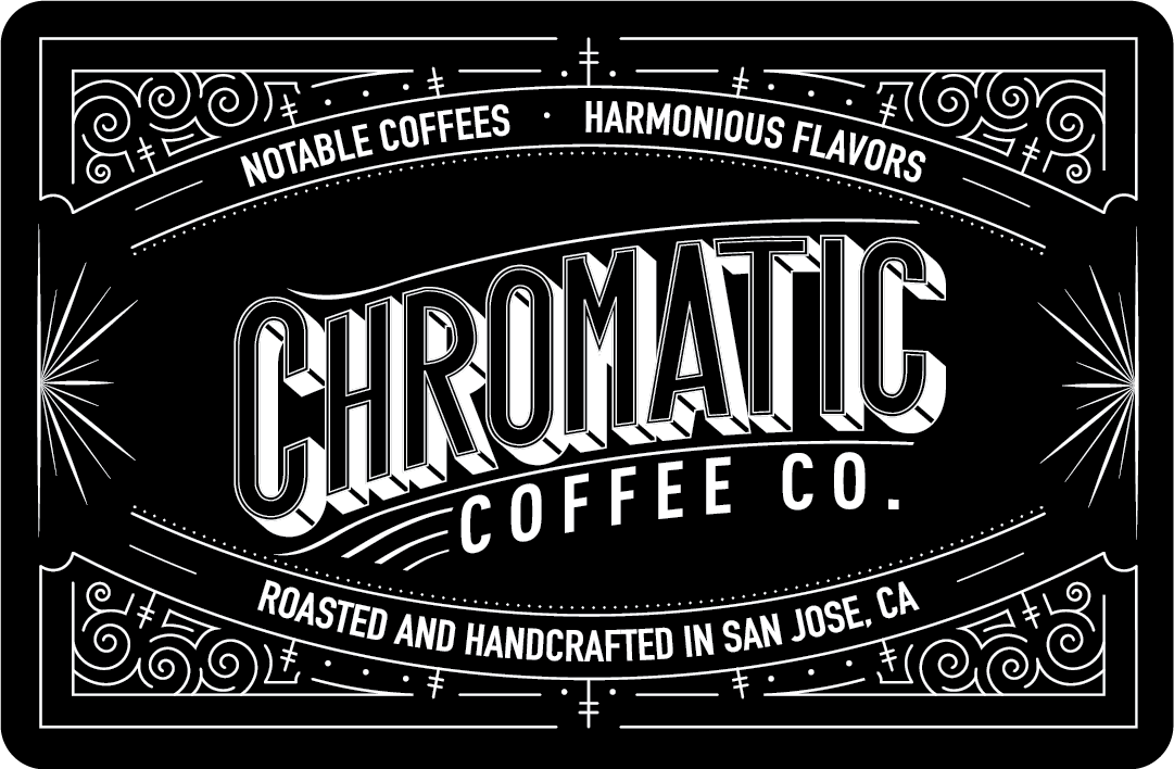 A black and white logo for Chromatic Coffee Co., featuring decorative border elements and text indicating the company is based in San Jose, CA.