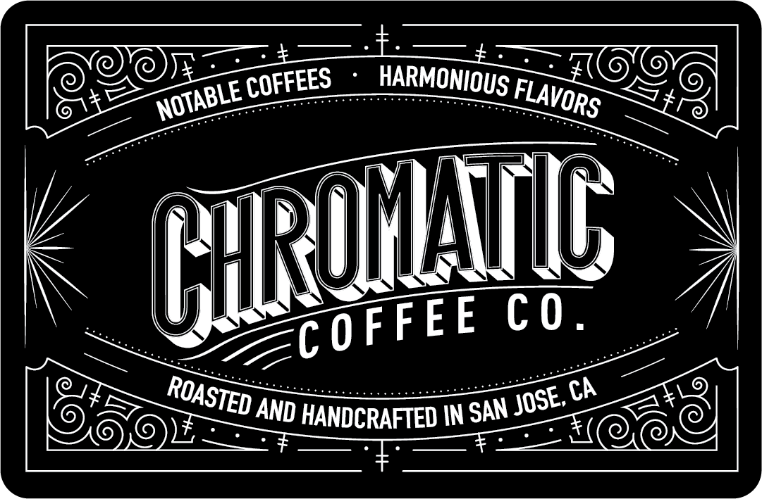 A black and white logo for Chromatic Coffee Co., featuring decorative border elements and text indicating the company is based in San Jose, CA.
