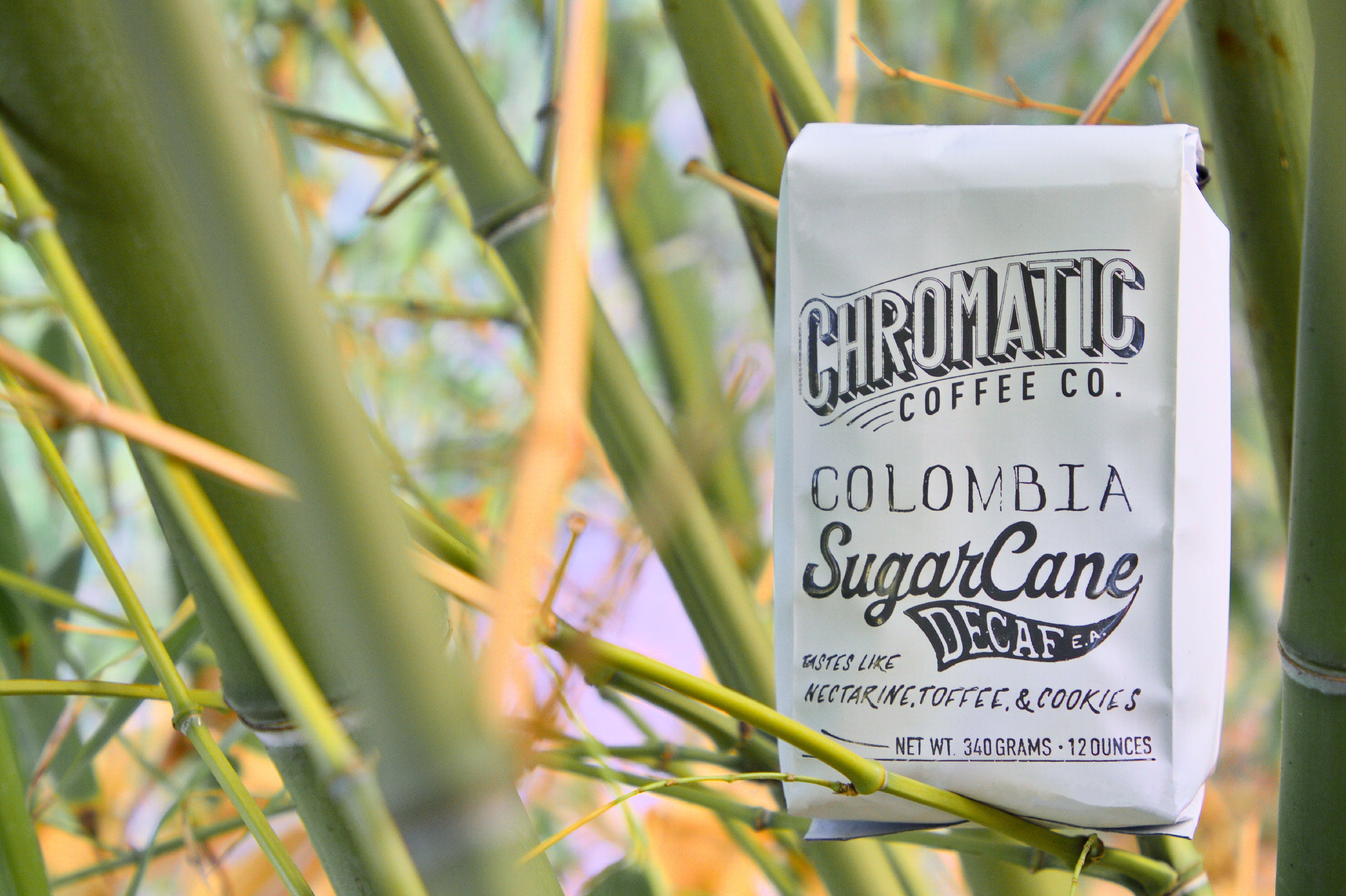Sugarcane Decaf-Chromatic Coffee-Bag of Chromatic Coffee Colombia SugarCane Decaf among green bamboo stalks.
